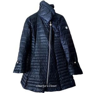 Laundry by Shelli Segal Black Funnel Collar Asymmetric Moto Puffer Coat Sz. M